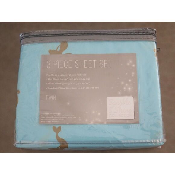 Sparkle & Shine Collection Aqua Blue Glitter Gold Mermaid 3Pc TWIN Sheet Set $68 - Picture 5 of 10